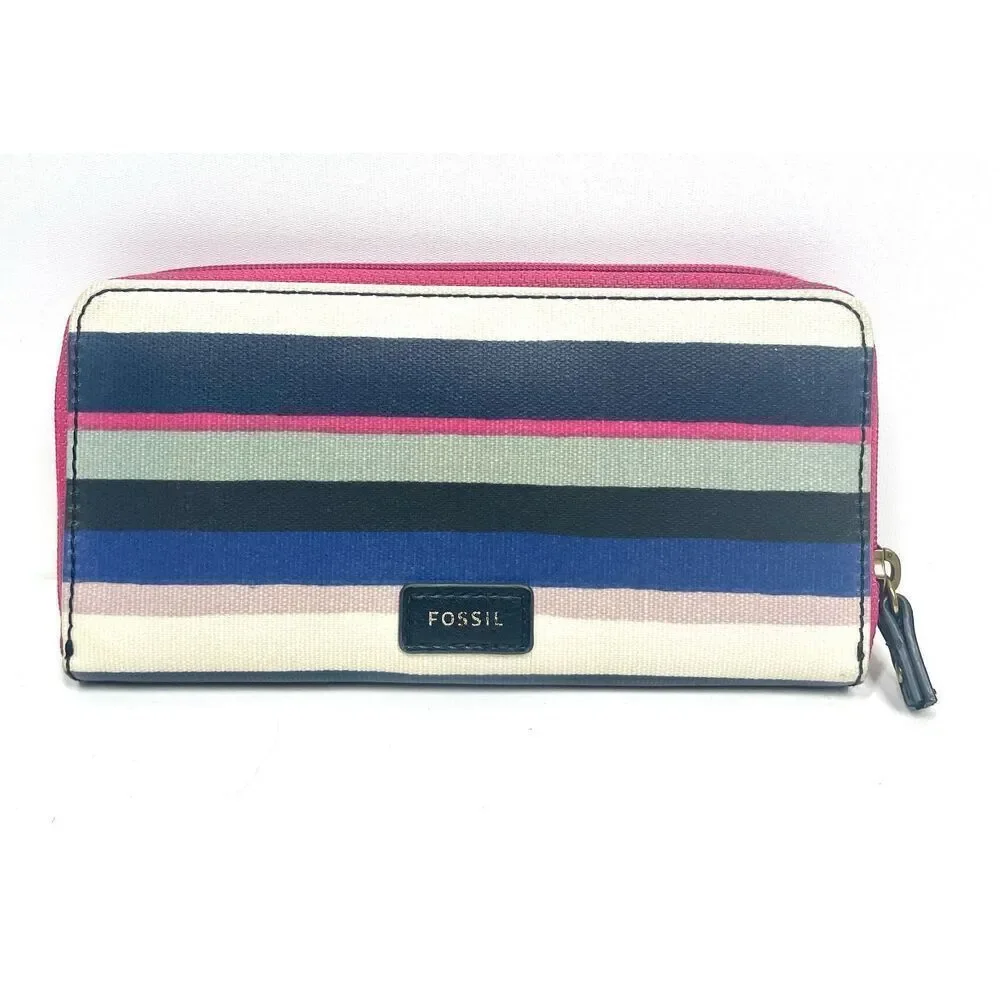 Fossil Eliza Blue Striped Multicolor Accordion Zip Wallet